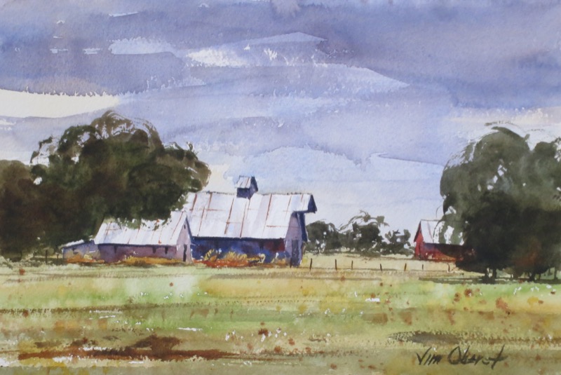 landscape, rural, barn, farm, cloudy, oberst, painting, watercolor